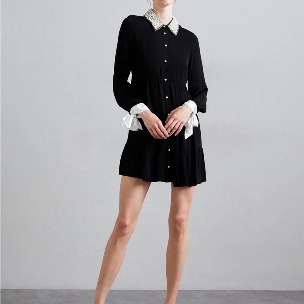 Alice + Olivia Black Dress with Pearl Collar Meeko Embellished Mini Shirt Dress